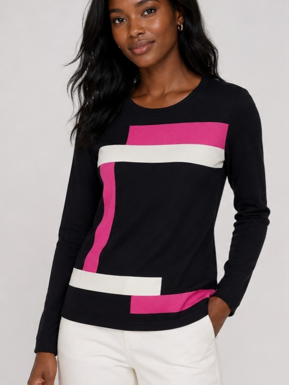 Jones New York Signature Graphic Colorblock Sweater Top  Black Pink White Medium